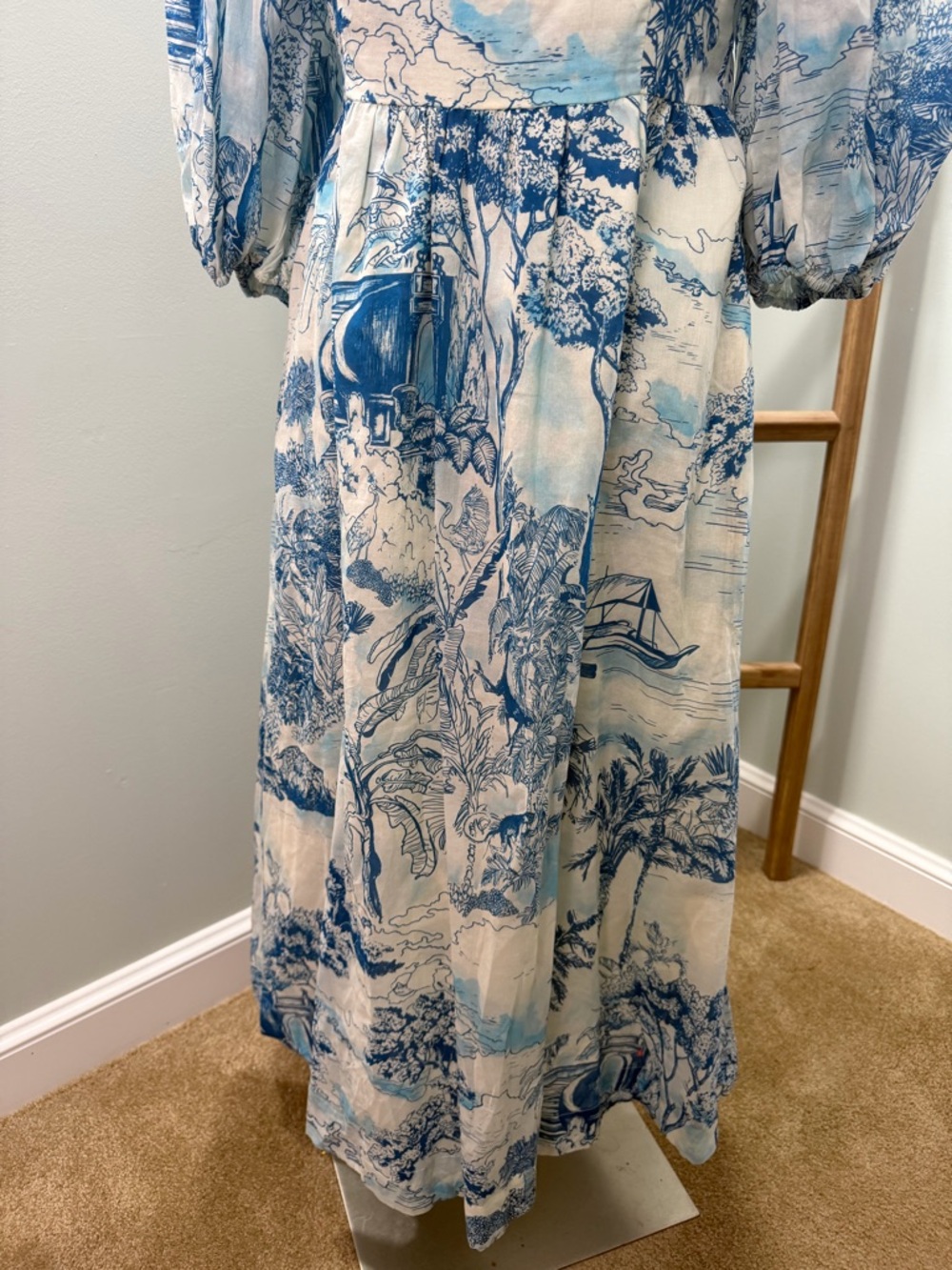 Mestiza Blue White Palm Toile New York Delphine Puff Sleeve Dress Size Large - Picture 7 of 11